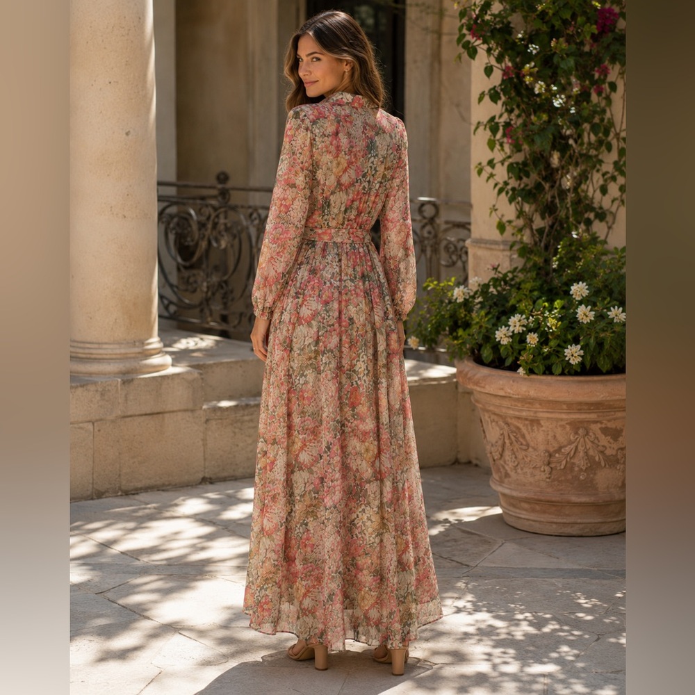 Mango Floral Maxi Dress Size 2 XS NWT Belted Long Sleeve Romantic Garden Party - Picture 2 of 10